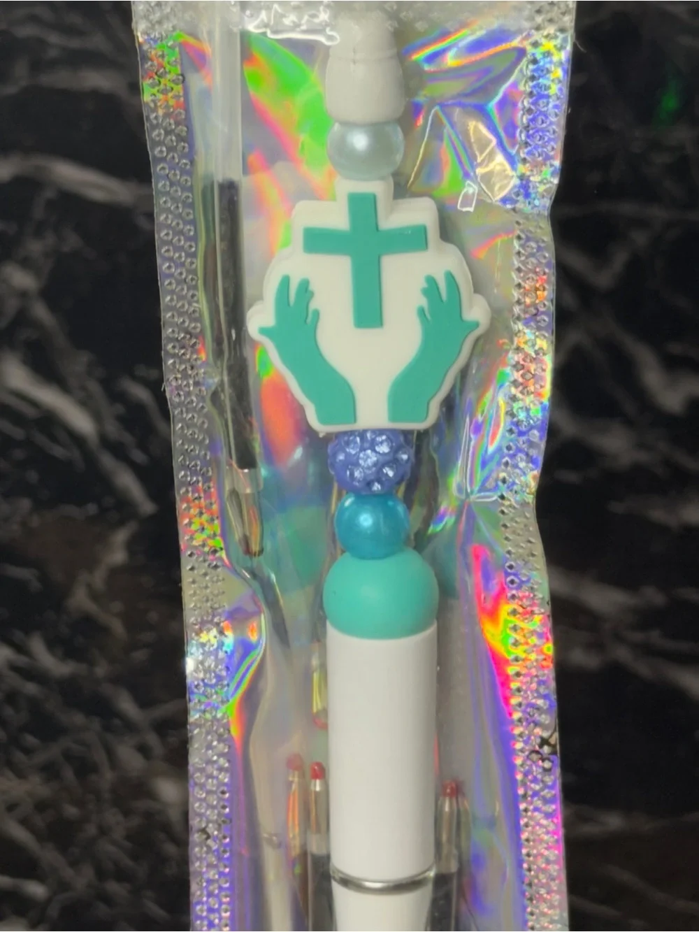 Teal Cross Focal Bead Pen Black & Blue Ink